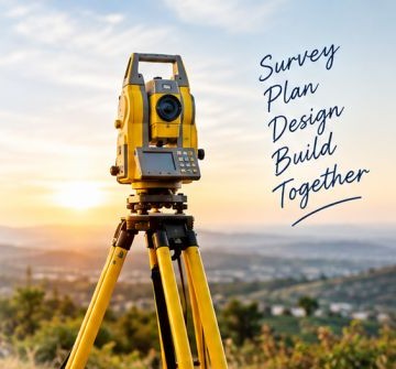 Total station on a tripod at sunrise: Survey, Plan, Design, Build Together